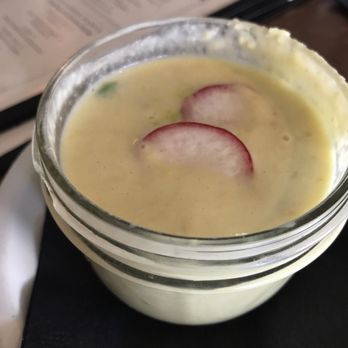 Hillside Farmacy - Chilled corn soup with avocado and radish - New American Near Me - Austin, Texas