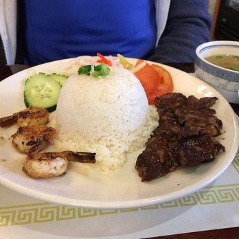 Pho Viet - Rice plate with grilled shrimp and beef and soup. Shrimp was rubbery and overcooked. Beef lacked flavor. - Vietnamese Near Me - San Rafael, California Pho Viet - Rice plate with grilled shrimp and beef and soup. Shrimp was rubbery and overcooked. Beef lacked flavor. - Vietnamese Near Me - San Rafael, California