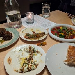 Falafel, Whipped Bulgarian Feta, Fire-Roasted Eggplant, Bread, and Yellowfin Crudo