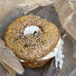 Long Island wheat bagel with jalapeño cream cheese