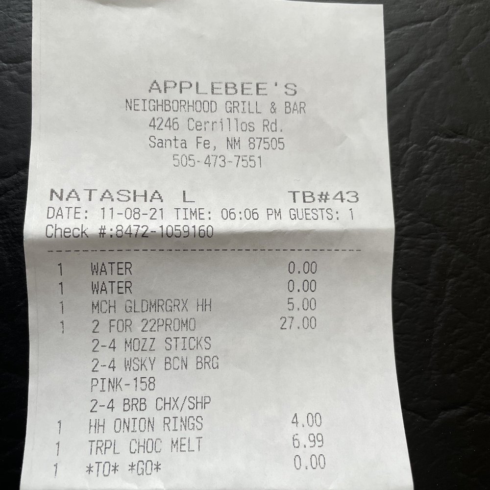Receipt for raw chicken wings