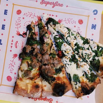 Superfine Pizza - Slice of es-ca-role (add housemade sausage) and spinach on white. Both slices in 2! - Pizza Near Me - Los Angeles, California Superfine Pizza - Slice of es-ca-role (add housemade sausage) and spinach on white. Both slices in 2! - Pizza Near Me - Los Angeles, California
