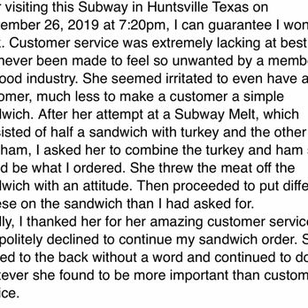 Subway - a text message from a customer - Sandwiches Near Me - Huntsville, Texas Subway - a text message from a customer - Sandwiches Near Me - Huntsville, Texas