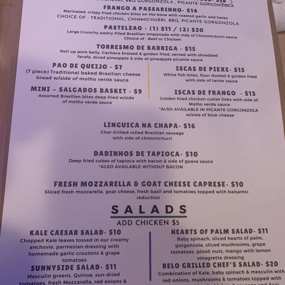 Belo - Opening menu (may have changed by the time of writing) - Brazilian Near Me - Sunnyside, New York Belo - Opening menu (may have changed by the time of writing) - Brazilian Near Me - Sunnyside, New York