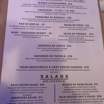 Belo - Opening menu (may have changed by the time of writing) - Brazilian Near Me - Sunnyside, New York