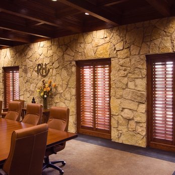 TWO USA - Walnut fixed wood shutters in board room. - Shutters Near Me - Dallas, Texas TWO USA - Walnut fixed wood shutters in board room. - Shutters Near Me - Dallas, Texas