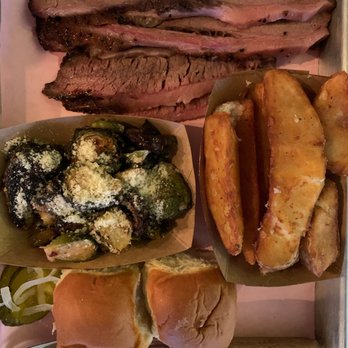 Easy ‘Que - brisket with smoked Brussel sprouts, potato wedges, and sweet bread rolls, $18 - Barbeque Near Me - Kailua, Hawaii Easy ‘Que - brisket with smoked Brussel sprouts, potato wedges, and sweet bread rolls, $18 - Barbeque Near Me - Kailua, Hawaii