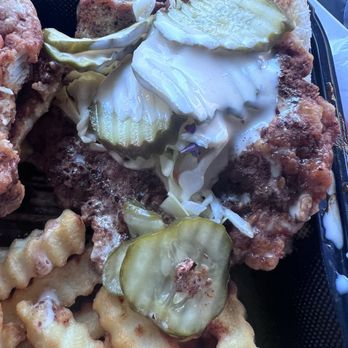 Crazy Hot Chicken - Open faced spicy chicken sliders on Hawaiian rolls with a side of crinkle fries. - Chicken Shop Near Me - Santa Clarita, California
