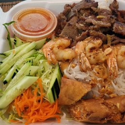 Vermicelli bowl with shrimp, pork and spring roll. Vermicelli bowl with shrimp, pork and spring roll.