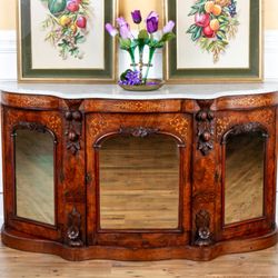 Streets of London Antiques - Antique English Victorian Inlaid Carved and Burled Walnut, Mirror Front, Marble Top Credenza C.1860.