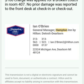 Hampton Inn by Hilton Detroit Dearborn - My one correspondence from mgr Ian O'Brien, never would call me back - Hotels Near Me - Dearborn, Michigan Hampton Inn by Hilton Detroit Dearborn - My one correspondence from mgr Ian O'Brien, never would call me back - Hotels Near Me - Dearborn, Michigan