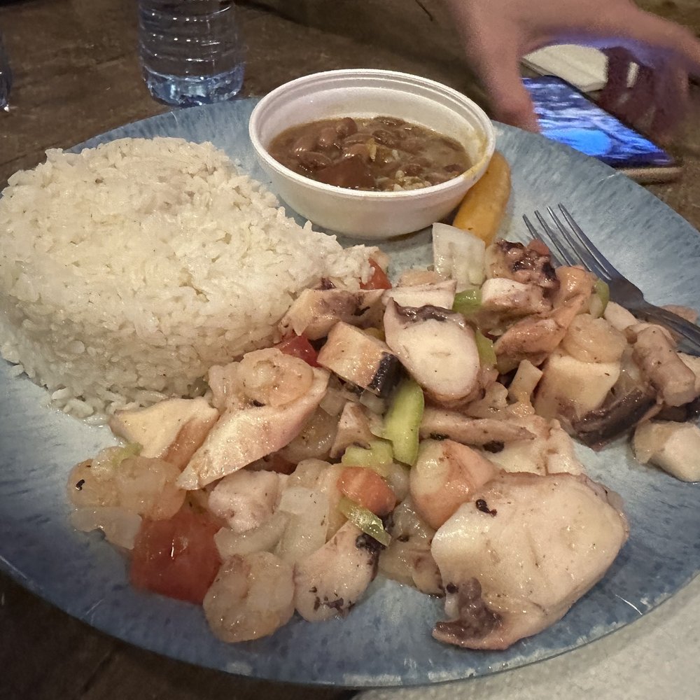 Seafood salad with rice and beans, tons of octopus