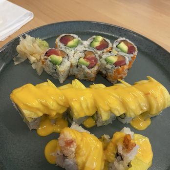 Ryujin Sushi - Christmas roll in the back and Ms. Mango Special Roll towards the front - Sushi Bars Near Me - Bridgewater, New Jersey Ryujin Sushi - Christmas roll in the back and Ms. Mango Special Roll towards the front - Sushi Bars Near Me - Bridgewater, New Jersey