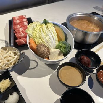 Nabemono Shabu Shabu - Spicy Miso Soup (we ordered the spicy paste separately) with Pork veggie bowl - Japanese Near Me - Alhambra, California