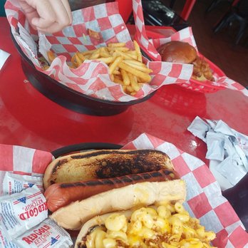 Dupers - Everything a la carte Blt dog with fries, Mac n cheese dog, classic dog, bacon burger, and cookie monster cheesecake. - Soup Near Me - Fredonia, New York