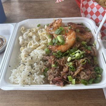 Maui's on Main - 2 meat plate with Kalua pork and garlic shrimp - Burgers Near Me - San Antonio, Texas Maui's on Main - 2 meat plate with Kalua pork and garlic shrimp - Burgers Near Me - San Antonio, Texas