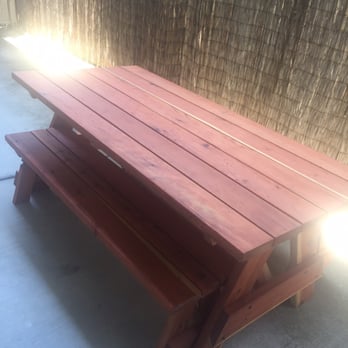 Hoff's Woodworks - 6'x3' Picnic table & benches made of Redwood and weather proofed. - General Contractors Near Me Hoff's Woodworks - 6'x3' Picnic table & benches made of Redwood and weather proofed. - General Contractors Near Me