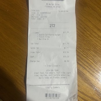 Freddys - A copy of my receipt. - Fast Food Near Me - Florence, Kentucky