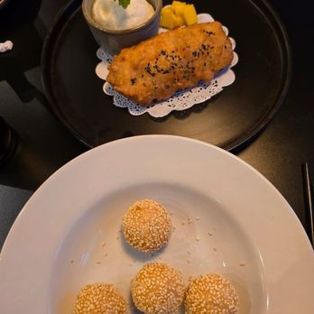 Remton - Red Bean Sesame Balls and fried banana cake with coconut ice cream - Vietnamese Near Me - Pearland, Texas Remton - Red Bean Sesame Balls and fried banana cake with coconut ice cream - Vietnamese Near Me - Pearland, Texas