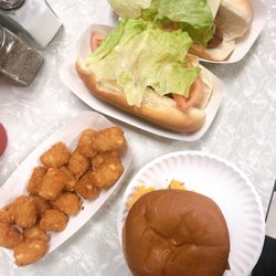 ADD Drug Store - Top: Jimbo (chicken) hotdogs Bottom: Bacon and pimento cheese burger and tator tots