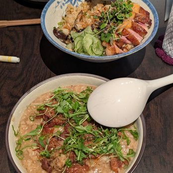 Little Plum - Mushroom jook (bottom) and duck fried rice (top) - Asian Fusion Near Me - Honolulu, Hawaii Little Plum - Mushroom jook (bottom) and duck fried rice (top) - Asian Fusion Near Me - Honolulu, Hawaii