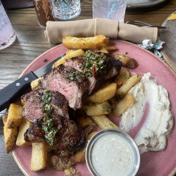 Dust Cutter - New York strip steak w/ fries and a lemon ricotta sauce smear ! - Bars Near Me - Phoenix, Arizona Dust Cutter - New York strip steak w/ fries and a lemon ricotta sauce smear ! - Bars Near Me - Phoenix, Arizona