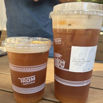 Tram Cream Coffee - Peach Orange Tea, regular vs large - Coffee & Tea Near Me - Hayward, California