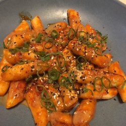 Lucky Bao - Korean rice cake with sweet Korean chilli sauce, smoked sesame miso sauce, shallot