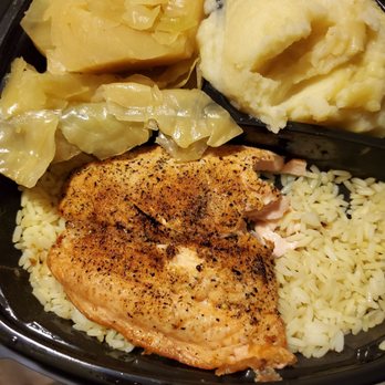 Southern Blues - Salmon on a bed of rice with cabbage and mashed potatoes - Soul Food Near Me - Hanover, Maryland Southern Blues - Salmon on a bed of rice with cabbage and mashed potatoes - Soul Food Near Me - Hanover, Maryland