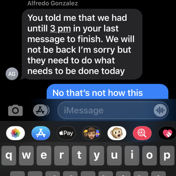 Procal Stone Design - Copy of text exchange with Alfredo where he is refusing to  reschedule repair work that his guys messed up. He refused to engage after this - Masonry/Concrete Near Me - Addison, Texas