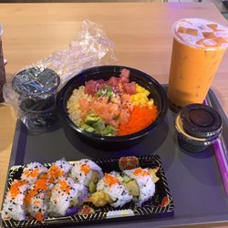 Poke Cafe - Rainbow poke bowl, super crunch roll, Thai tea bubble tea
