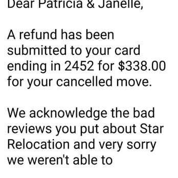 Star relocation - Email from Anna Green canceling our move. She did it through email not even a phone call! - Movers Near Me Star relocation - Email from Anna Green canceling our move. She did it through email not even a phone call! - Movers Near Me