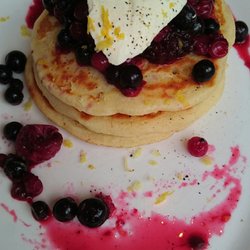 Servini's Cafe - Savoury Pancake stack with berry compote and creme fraiche