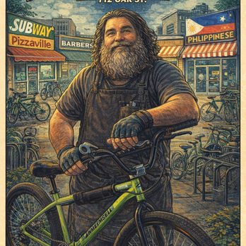 Riverbend Bikes, Boards and Bites - a cartoon image of George and a bike with other mall shops in the background of Oak St. In Bakersfield - Bikes Near Me - Bakersfield, California