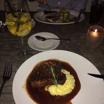 Moonshadows - Rib eye steak with mashed potatoes and.  Suma crusted albacore tuna steak. Drink house sangria everything was delicious - Seafood Near Me - Malibu, California