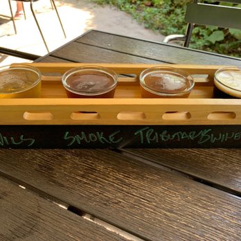 Lock 15 Brewing Co. - My beer flight. A Czech pilsner, the Smokestack, the Tributary tripel (which wasn't on the menu), and the Swinehart coffee stout. - Brewpubs Near Me - Akron, Ohio Lock 15 Brewing Co. - My beer flight. A Czech pilsner, the Smokestack, the Tributary tripel (which wasn't on the menu), and the Swinehart coffee stout. - Brewpubs Near Me - Akron, Ohio