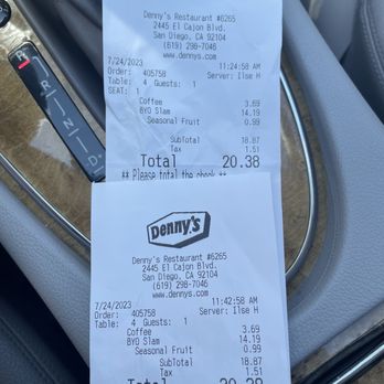 Denny's - a receipt in a car - American Near Me - San Diego, California Denny's - a receipt in a car - American Near Me - San Diego, California