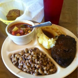 Lee's Family Restaurant & Dinner Theater - Meat & 3 for just $6.75. Here I had hamburger steak, creamed potatoes, purple hull peas, vegetable soup, and Mexican cornbread.