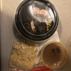Oishii Ramen - Spicy Miso (w Fishcake), takeout DIY Ramen Kit. Boil noodles, add broth, add toppings. Very good!