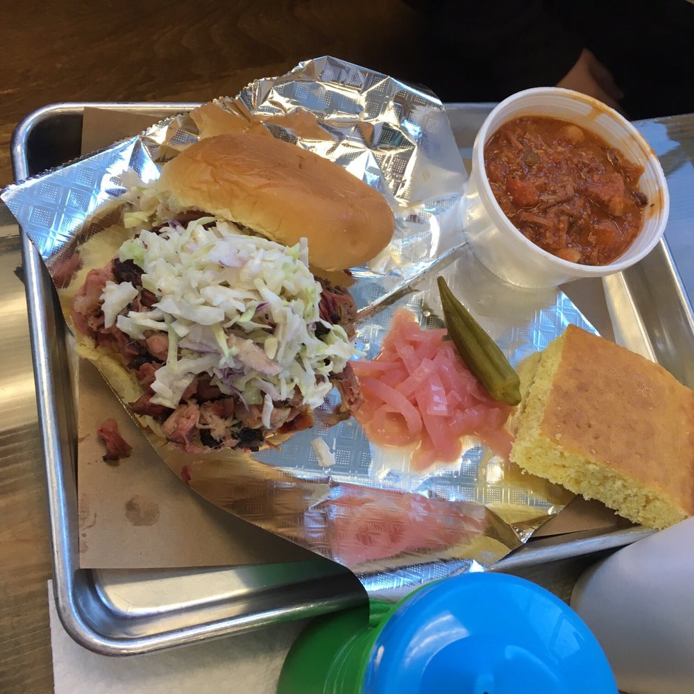 The Redneck BBQ Lab - Mine was the pulled pork sandwich combo plus some extra cornbread for our toddler - Barbeque Near Me - Benson, North Carolina