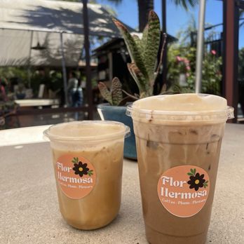 Flor Hermosa - Maple pancake latter (L) and black and white mocha with vanilla cold foam (R) - Coffee & Tea Near Me - Richmond, California