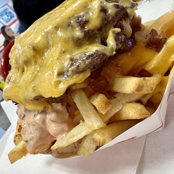 In-N-Out Burger - "Roadkill" Flying Dutchman on top of animal style fries. - Burgers Near Me - Long Beach, California In-N-Out Burger - "Roadkill" Flying Dutchman on top of animal style fries. - Burgers Near Me - Long Beach, California