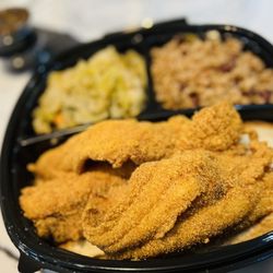 Mama Jerk N Tings - Fried catfish dinner with red beans and rice and cabbage