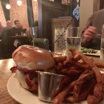 Hook & Hoof - Burger and fries, delicious roasted pear salad in the background - New American Near Me - Willoughby, Ohio
