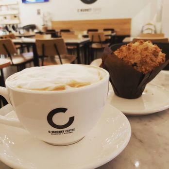 C Market Coffee - Foamiest cup of capaccino and warm freshly baked blueberry muffin - Coffee Roasteries Near Me - Coquitlam, British Columbia