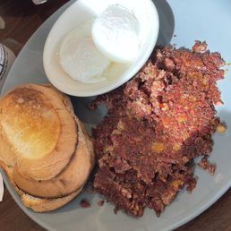 Two Farm Fresh Eggs any Style, Home Fries, Homemade Corned Beef Hash, and Toast