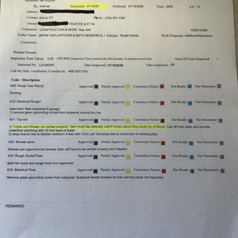 Construction & More - City of SJ Inspection report July 16, indicating failed horizontal venting on plumbing - General Contractors Near Me - Fremont, California