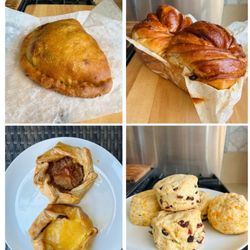 San Mateo Farmers' Market - Little Sky Bakery - vegetarian empanada, cinnamon raisin loaf, Sweetdragon tarts (lemon cheesecake and apple cinnamon) and Scone Wild