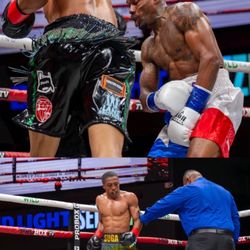 Undefeated Pro ABF Bantamweight Champion Dwayne Holmes sports the Man of War logo while getting the KO