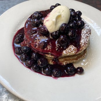 Gjelina - Lemon Blueberry Buckwheat Pancakes , Blueberry Compote & Creme Fraiche - New American Near Me - Venice, California Gjelina - Lemon Blueberry Buckwheat Pancakes , Blueberry Compote & Creme Fraiche - New American Near Me - Venice, California